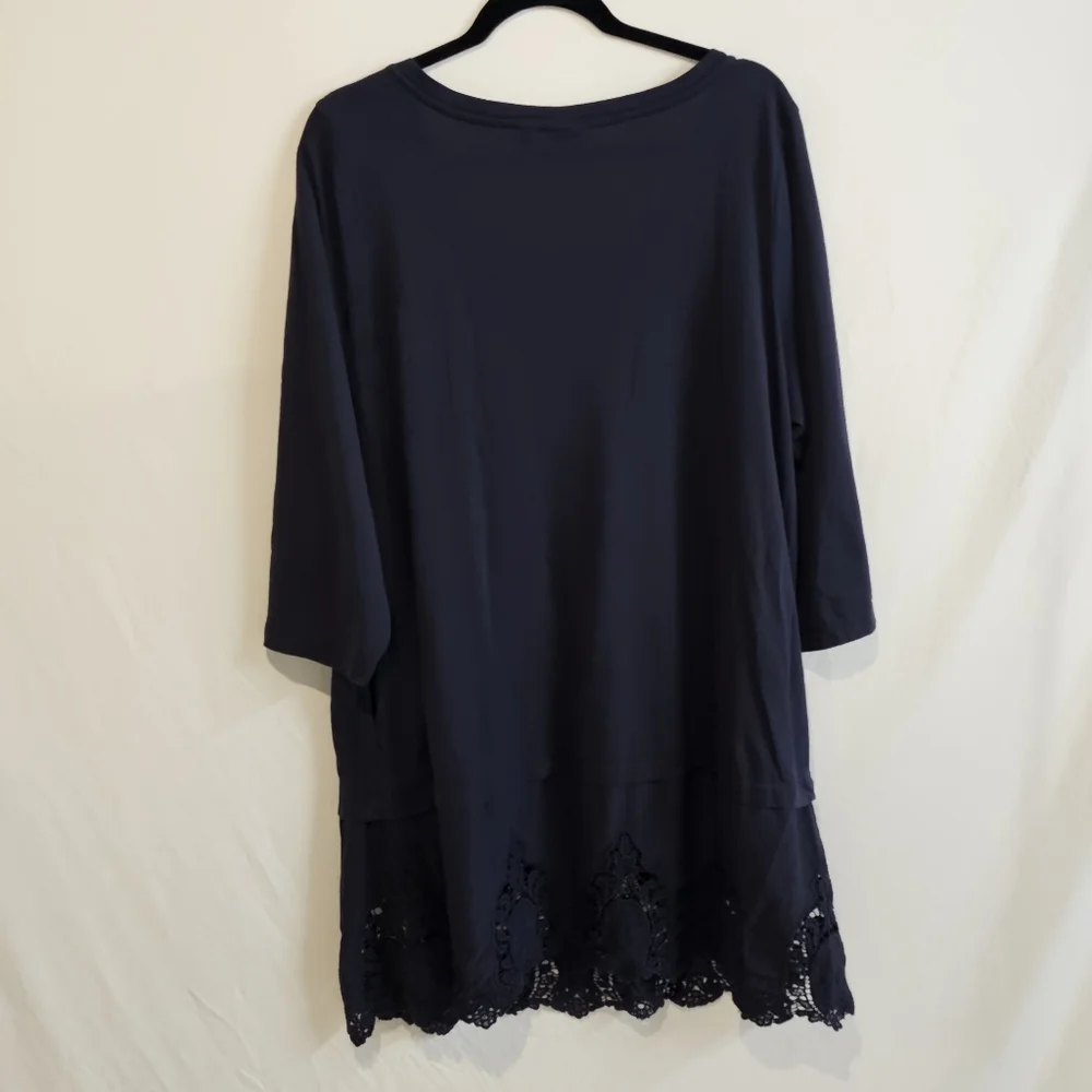 LOGO by Lori Goldstein Cotton Blend Midi Dress Crochet Lace Trim 2X Blue - Picture 7 of 9